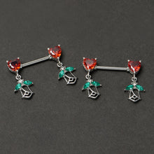 Load image into Gallery viewer, 14G 9/16 Red CZ Gem Hearts And Roses Dangle Nipple Ring Set