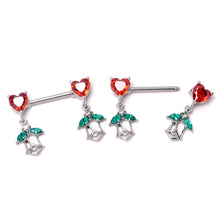 Load image into Gallery viewer, 14G 9/16 Red CZ Gem Hearts And Roses Dangle Nipple Ring Set