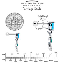 Load image into Gallery viewer, 16G 1/4 Blue CZ Gem Heart And Rose Dangle Cartilage Earring