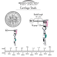 Load image into Gallery viewer, 16G 1/4 Pink CZ Gem Heart And Rose Dangle Cartilage Earring