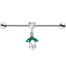 Load image into Gallery viewer, 14G Clear CZ Gem Heart And Rose Dangle Industrial Barbell 38mm