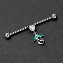 Load image into Gallery viewer, 14G Clear CZ Gem Heart And Rose Dangle Industrial Barbell 38mm