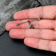 Load image into Gallery viewer, 14G Red CZ Gem Heart And Rose Dangle Industrial Barbell 38mm