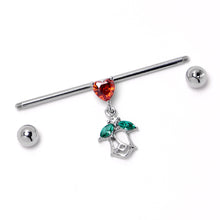 Load image into Gallery viewer, 14G Red CZ Gem Heart And Rose Dangle Industrial Barbell 38mm