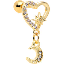 Load image into Gallery viewer, 16G 1/4 Clear CZ Gem Gold Tone Heart Moon Dangle Cartilage Earring