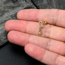 Load image into Gallery viewer, 16G 1/4 Clear CZ Gem Gold Tone Heart Moon Dangle Cartilage Earring