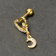 Load image into Gallery viewer, 16G 1/4 Clear CZ Gem Gold Tone Heart Moon Dangle Cartilage Earring