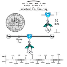 Load image into Gallery viewer, 14G Blue CZ Gem Heart And Rose Dangle Industrial Barbell 38mm
