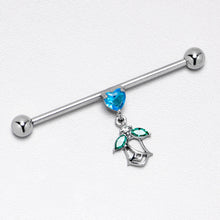 Load image into Gallery viewer, 14G Blue CZ Gem Heart And Rose Dangle Industrial Barbell 38mm