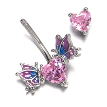 Load image into Gallery viewer, Pink CZ Gem Hearts Butterflies Purple Double Mount Belly Ring