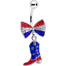 Load image into Gallery viewer, Red Blue Clear Gem Bow Cowboy Boot Patriotic Dangle Belly Ring