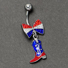 Load image into Gallery viewer, Red Blue Clear Gem Bow Cowboy Boot Patriotic Dangle Belly Ring