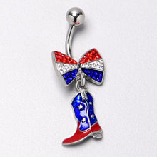 Load image into Gallery viewer, Red Blue Clear Gem Bow Cowboy Boot Patriotic Dangle Belly Ring