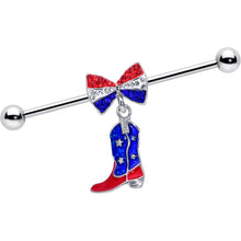 Load image into Gallery viewer, 14G Red Blue Gem Bow Cowboy Boot Patriotic Industrial Barbell 38mm