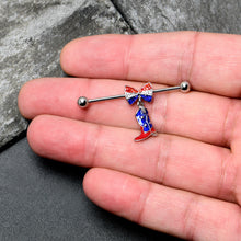 Load image into Gallery viewer, 14G Red Blue Gem Bow Cowboy Boot Patriotic Industrial Barbell 38mm