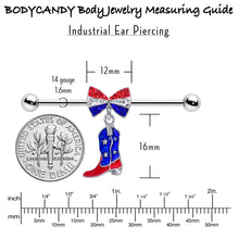 Load image into Gallery viewer, 14G Red Blue Gem Bow Cowboy Boot Patriotic Industrial Barbell 38mm