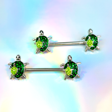 Load image into Gallery viewer, 14G 9/16 Green Gem Turtle World Barbell Nipple Ring Set