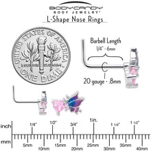 Load image into Gallery viewer, 20G 1/4 Pink CZ Gem Heart Butterfly L Shape Nose Ring