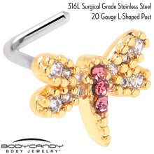 Load image into Gallery viewer, 20G 1/4 Pink Clear Gem Dragonfly Drama L Shape Nose Ring