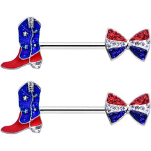 Load image into Gallery viewer, 14G 9/16 Red Blue Gem Bow Cowboy Boot Patriotic Nipple Ring Set