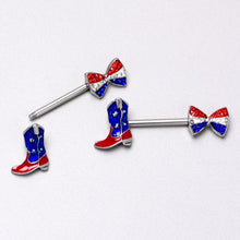 Load image into Gallery viewer, 14G 9/16 Red Blue Gem Bow Cowboy Boot Patriotic Nipple Ring Set
