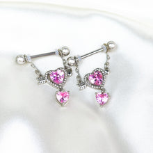 Load image into Gallery viewer, 14G 9/16 Pink CZ Gem Fusion Of Love Arrow Heart Dangle Nipple Ring Set