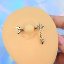 Load image into Gallery viewer, 14G 9/16 Clear Gem Gold Tone Celestial Glam Dangle Nipple Ring Set