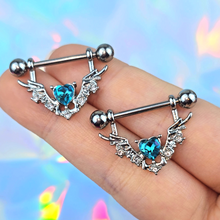 Load image into Gallery viewer, 14G 9/16 Blue Gem Winged Hearts Angel Dangle Nipple Ring Set