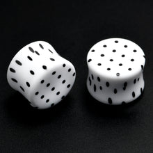 Load image into Gallery viewer, White Acrylic Retro Dots Black Double Flare Plug Set 6mm to 20mm Sizes