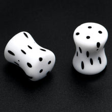 Load image into Gallery viewer, White Acrylic Retro Dots Black Double Flare Plug Set 6mm to 20mm Sizes