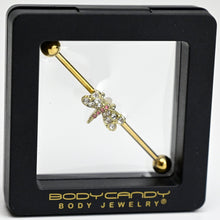 Load image into Gallery viewer, 14G Pink Clear Gem Gold Tone Dragonfly Industrial Barbell 38mm