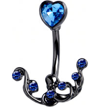 Load image into Gallery viewer, Blue Gem Black Heart Scrolling Elegance Double Mount Belly Ring