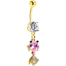 Load image into Gallery viewer, Clear Pink CZ Gem Gold Tone Fanciful Fish Dangle Belly Ring
