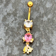 Load image into Gallery viewer, Clear Pink CZ Gem Gold Tone Fanciful Fish Dangle Belly Ring
