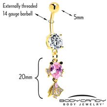 Load image into Gallery viewer, Clear Pink CZ Gem Gold Tone Fanciful Fish Dangle Belly Ring