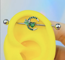 Load image into Gallery viewer, 14G Green Gem Dragonfly Moon Opulence Industrial Barbell 38mm