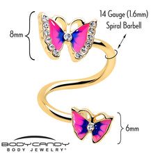 Load image into Gallery viewer, Clear Gem Gold Tone Butterfly Pink Blue Spiral Twister Belly Ring
