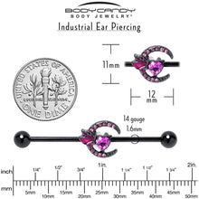 Load image into Gallery viewer, 14G Pink Gem Black Moon Heart Butterfly Industrial Barbell 38mm