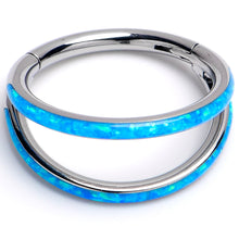 Load image into Gallery viewer, 16G 3/8 Blue Synthetic Opal ASTM F-136 Implant Grade Titanium Double Hinged Segment Ring