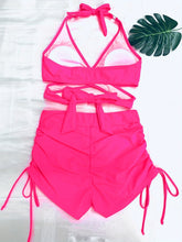 Load image into Gallery viewer, Coastal Curve Halter Bikini Set for Women – V-Neck Crisscross Drawstring Swimsuit with Chic Ring Detail & High-Waisted Boxer Shorts for Summer – Sleek Two-Piece Nylon Swimwear for Women’s Beach & Poolside Style