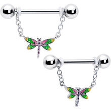 Load image into Gallery viewer, 14G 9/16 Dragonfly Colors Chain Dangle Nipple Ring Set