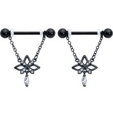 Load image into Gallery viewer, 14G 9/16 Clear CZ Gem Black Gothic Star Dangle Nipple Ring Set