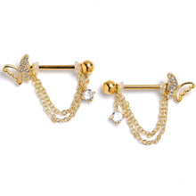 Load image into Gallery viewer, 14G 9/16 Clear Gem Gold Tone Butterfly White Dangle Nipple Ring Set