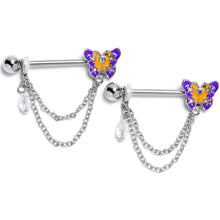 Load image into Gallery viewer, 14G 9/16 Clear Gem Purple Yellow Butterfly Dangle Nipple Ring Set