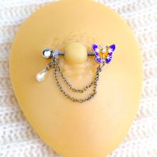 Load image into Gallery viewer, 14G 9/16 Clear Gem Purple Yellow Butterfly Dangle Nipple Ring Set