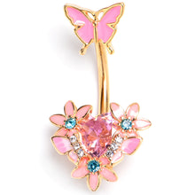 Load image into Gallery viewer, Blue Pink Clear Gem Gold Tone Butterfly Flowers Double Mount Belly Ring