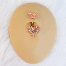 Load image into Gallery viewer, Blue Pink Clear Gem Gold Tone Butterfly Flowers Double Mount Belly Ring