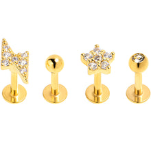 Load image into Gallery viewer, 16G 1/4 Clear CZ Gem Gold Tone Bling Star Labret Tragus Curation Set of 4