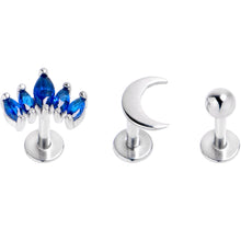 Load image into Gallery viewer, 16G 1/4 Blue CZ Gem Moon Arch Labret Tragus Set of 3