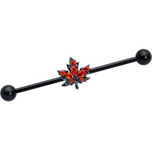 Load image into Gallery viewer, 14G Orange CZ Gem Black Autumn Leaf Industrial Barbell 38mm
